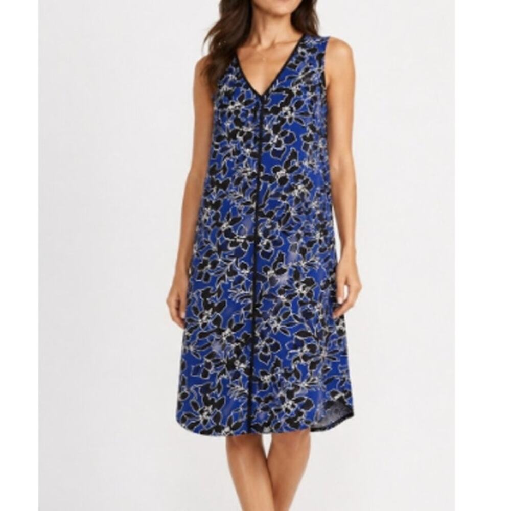 Tommy Bahama Dress Women L Blue Black Forte Floral Shift Sleeveless V Neck Aloha